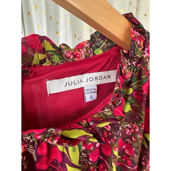 Julia Jordan Peasant Floral Gathered High Ruffle Neck Sheer Sleeves Mini Dress 8 - Picture 7 of 9
